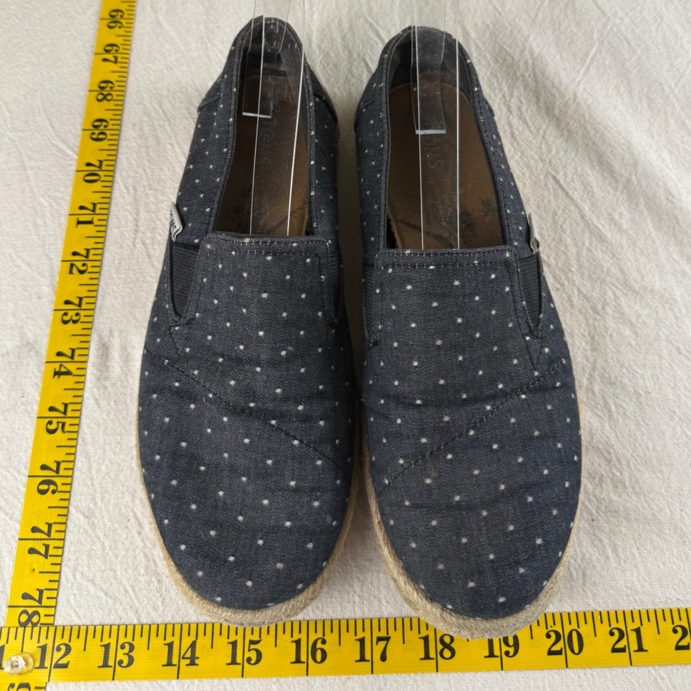 TOMS Alpargata Shoes Women 8 Blue Polka Dot Canvas Slip-On Flats with Heavy Wear